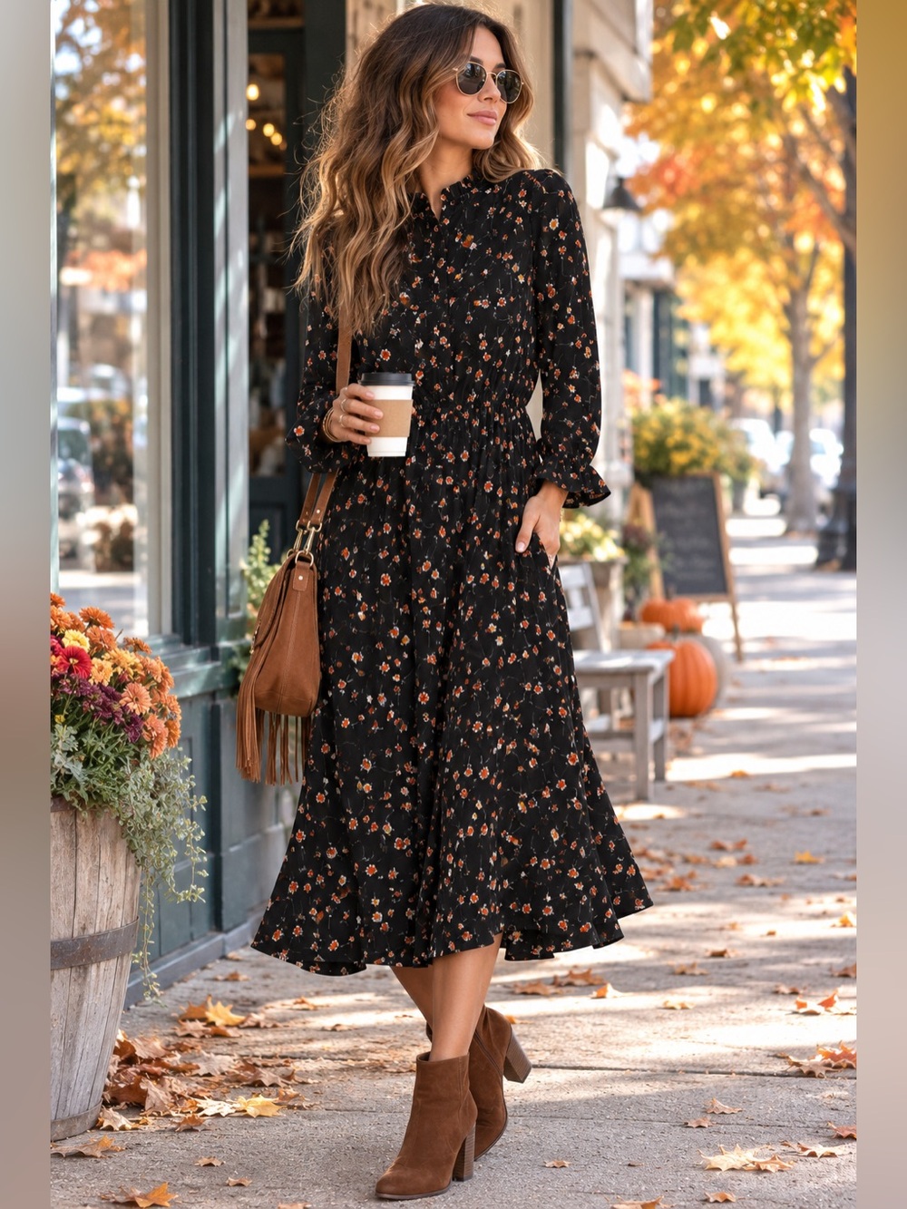 SHEIN Black Floral Midi Dress Ruffle Neck Long Sleeve Size M